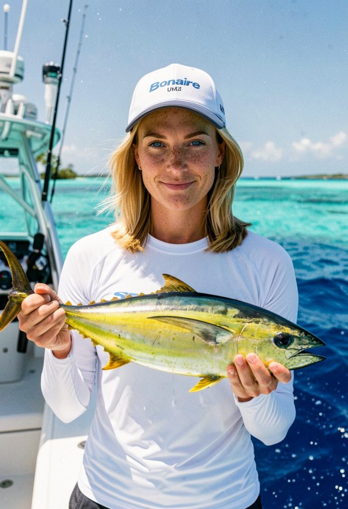 Angler holding a freshly caught jack aboard the Fishtales, Bonaire