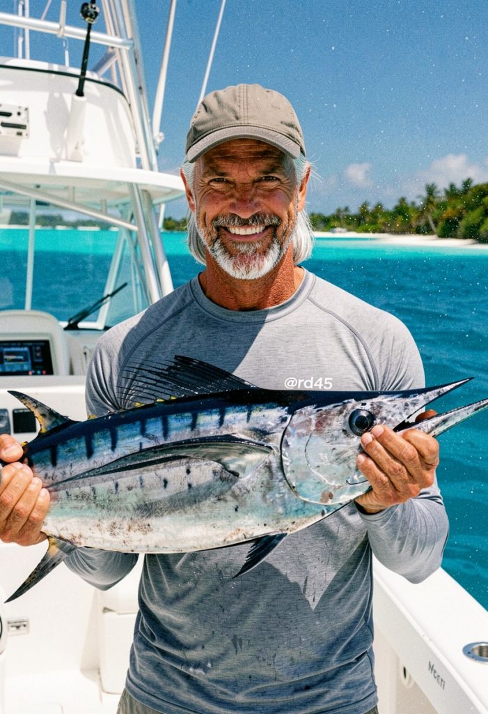 Fishtales captain holding a billfish on the back deck off Bonaire