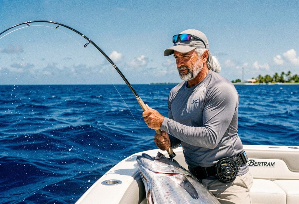Angler fighting a big fish from the deck of the Fishtales, Bonaire
