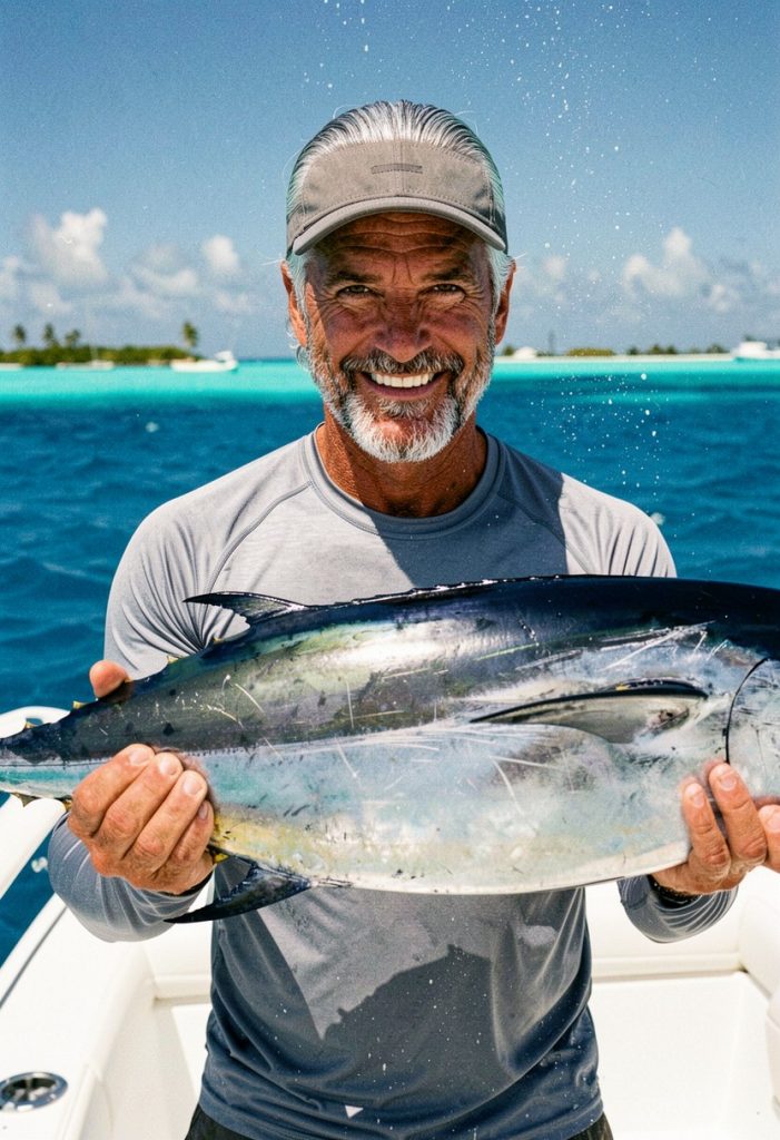 Fishtales captain holding a freshly caught tuna off Bonaire