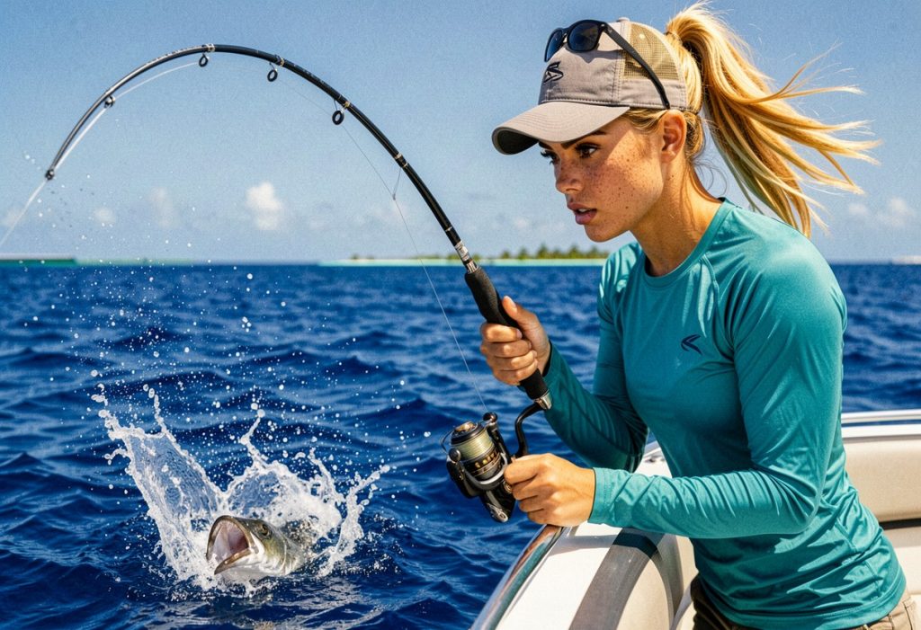 Angler fighting a fish breaking the surface, Fishtales Bonaire