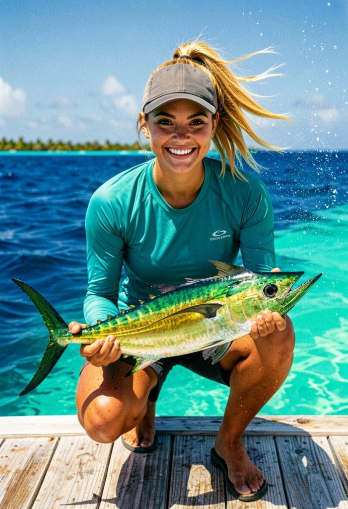 Angler holding a freshly caught mahi-mahi aboard the Fishtales, Bonaire