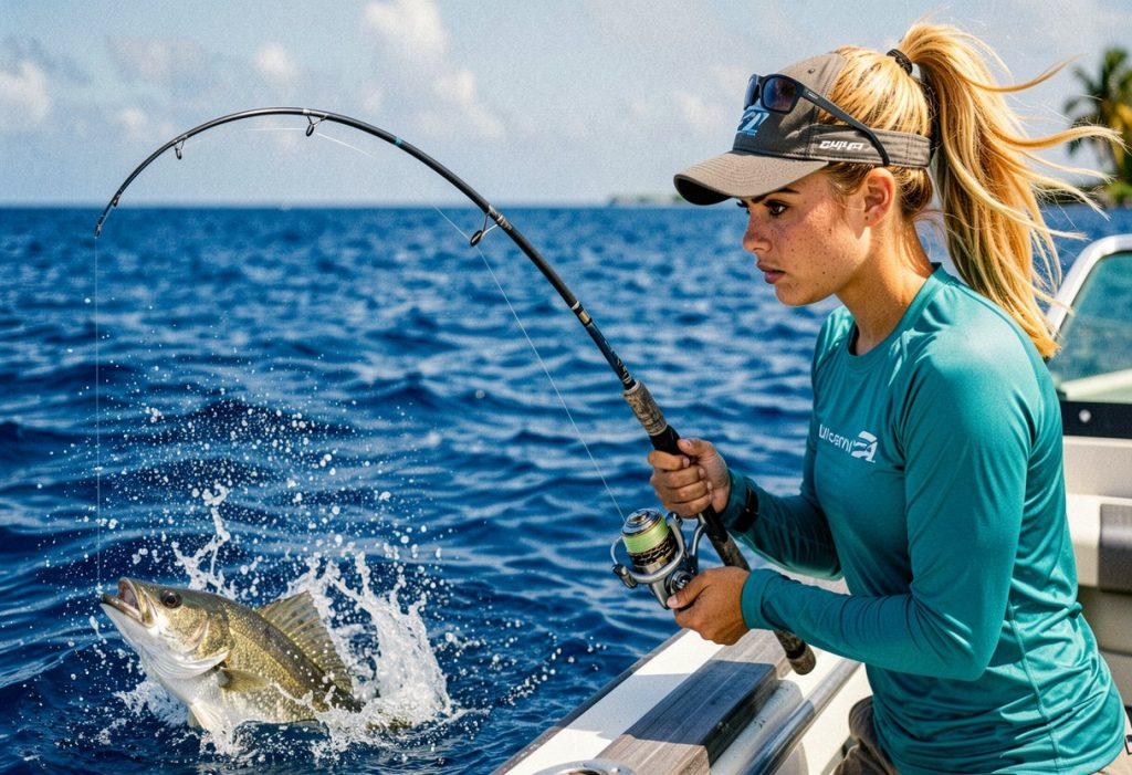 Angler reeling against a bent rod aboard the Fishtales, Bonaire